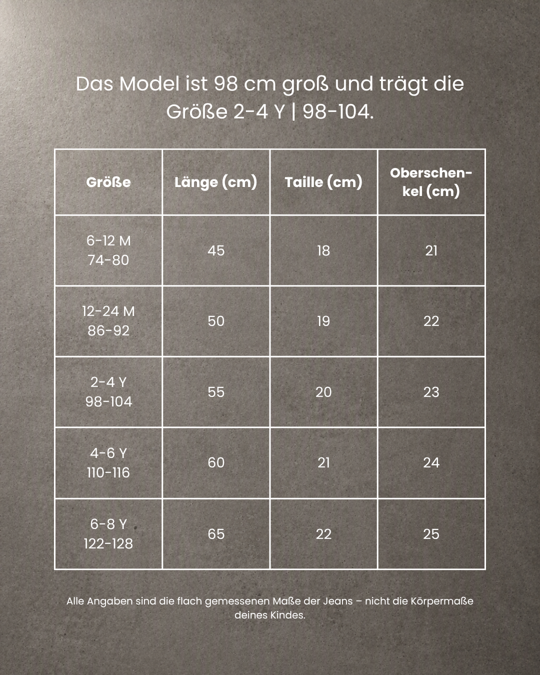 Größentabelle Comfy Studios Kinderjeans – Maße in cm für alle verfügbaren Größen