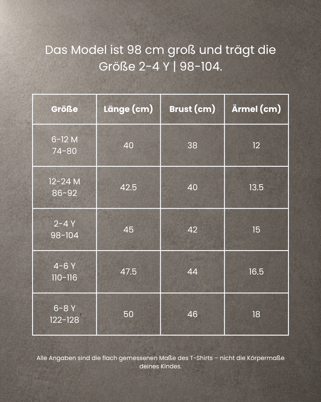 Größentabelle des Comfy Studios Kindness Shirts mit Länge, Brust und Ärmel in cm für die Größen 74-80 bis 122-128.