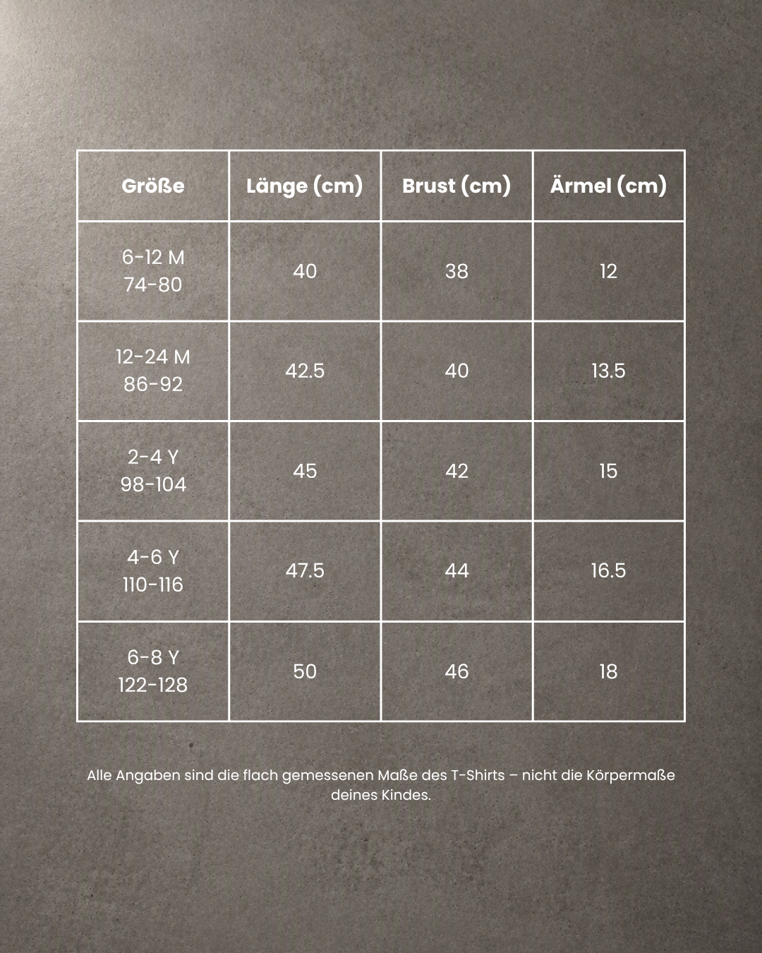 Größentabelle Kindness Shirt Rot von Comfy Studios – Größen 6–12 M bis 6–8 Y mit Länge, Brust und Ärmel in cm