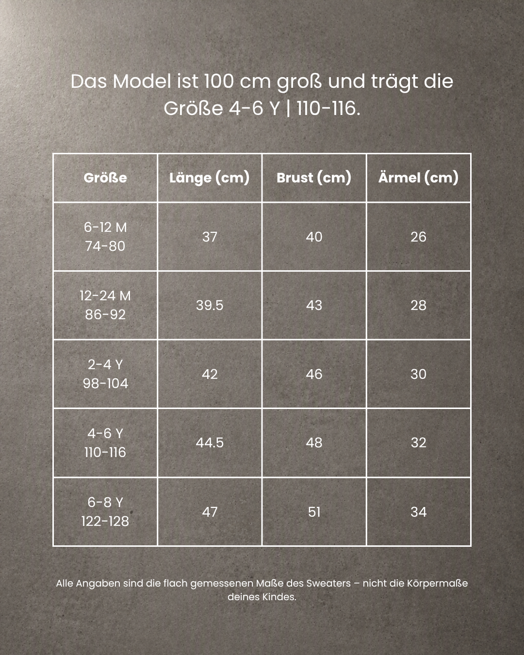 Größentabelle Kindness Sweater Comfy Studios – Länge, Brust und Ärmel in cm für Größen 74–128